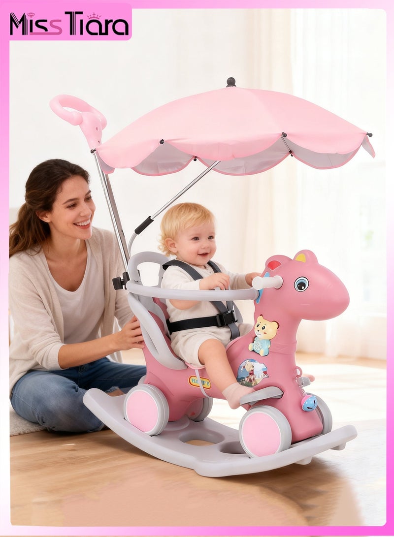 MissTiara حصان هزاز 3 في 1 طفل هزاز ركوب الخيل على اللعب للأطفال الصغار 1-6 سنوات التوازن ألعاب الدراجة لدراجة التوازن مع 4 عجلات الصمت مع مظلة الشمس - Image 1