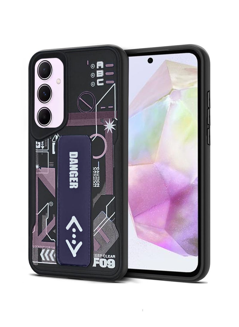 Techie Aesthetic Fashion Silicone Back Case Cover with Magnetic Hand Grip & Kickstand for Samsung Galaxy A35 – Black/Purple - Image 1