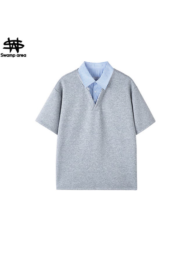 Swamp Area Men's Lightweight Short-sleeve Shirt With Mock Collar, Summer Trendy High-end Cool Loose Fit Cs288 Gray M - Image 1