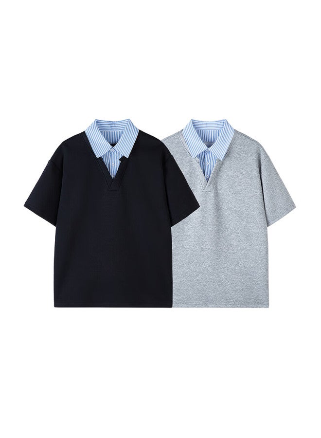 Swamp Area Men's Lightweight Short-sleeve Shirt With Mock Collar, Summer Trendy High-end Cool Loose Fit Cs288 Gray M - Image 2