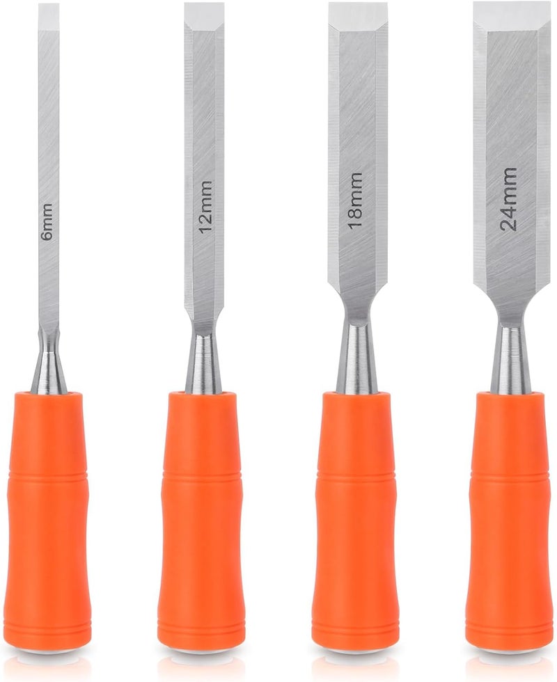 Hetkrishi 4 Piece Wood Chisel Sets Woodworking Tools Set, Wood Chisels for Woodworking with Steel Hammer End, Wood Tools Chisel Set Woodworking with Ergonomic Plastic Handle, 6mm, 12mm, 18mm, 24mm - Image 1