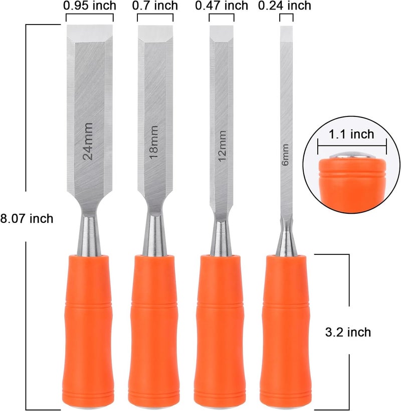 Hetkrishi 4 Piece Wood Chisel Sets Woodworking Tools Set, Wood Chisels for Woodworking with Steel Hammer End, Wood Tools Chisel Set Woodworking with Ergonomic Plastic Handle, 6mm, 12mm, 18mm, 24mm - Image 2