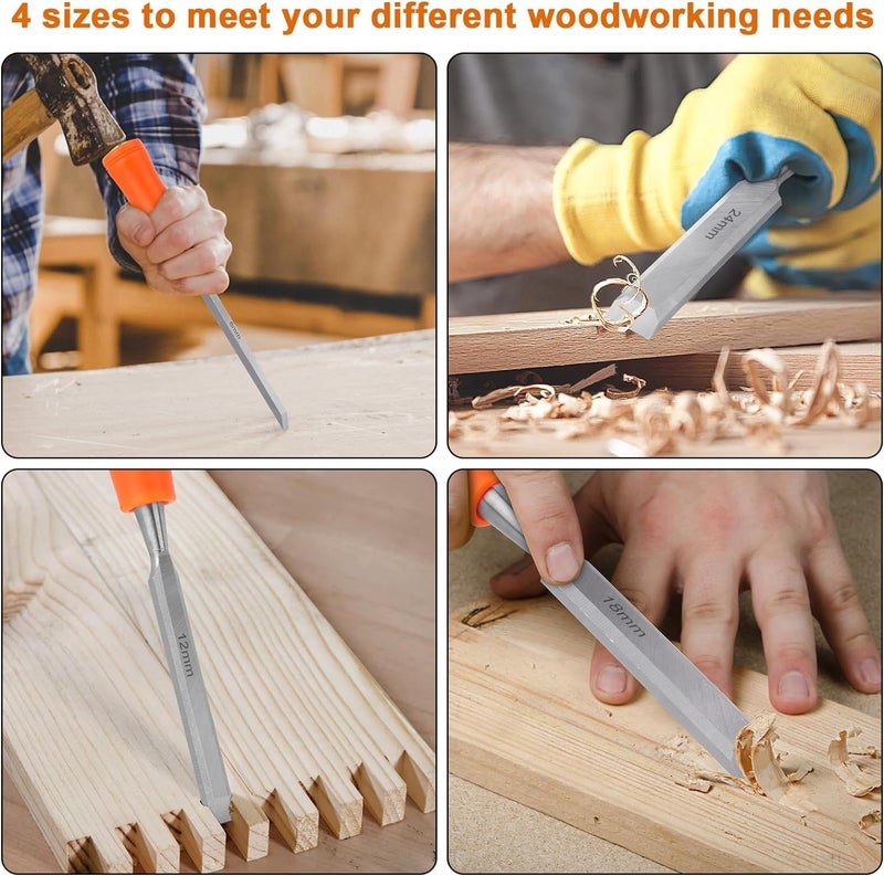 Hetkrishi 4 Piece Wood Chisel Sets Woodworking Tools Set, Wood Chisels for Woodworking with Steel Hammer End, Wood Tools Chisel Set Woodworking with Ergonomic Plastic Handle, 6mm, 12mm, 18mm, 24mm - Image 5