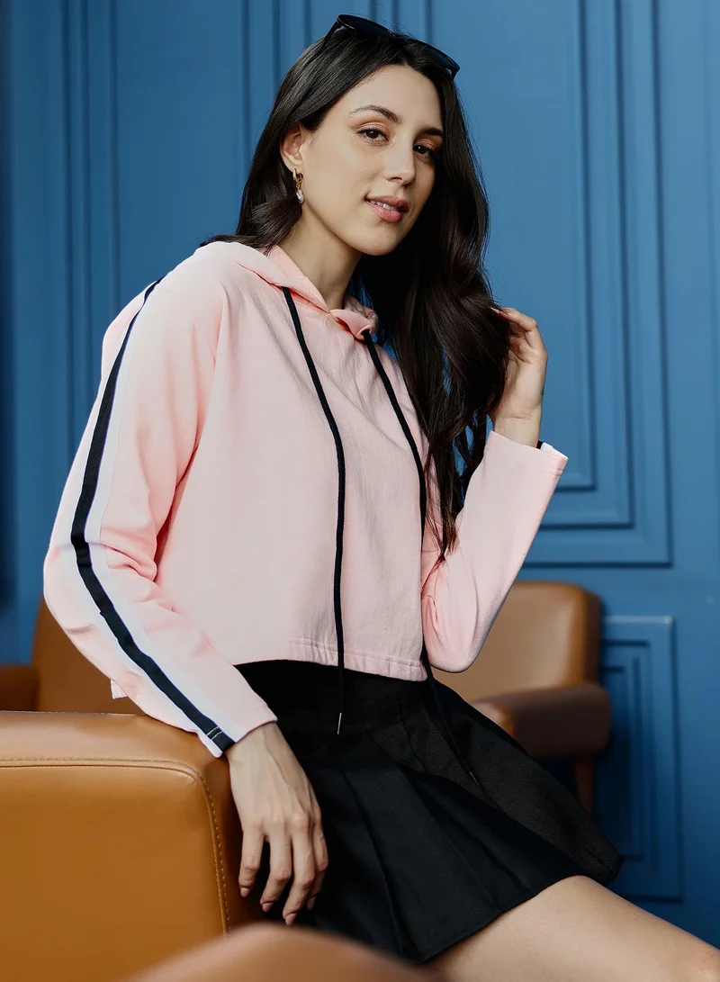 PINACOLADA Women's Side-Striped Crop Hoodie | Hooded Neck , Long Ribbed-Cuff Sleeves, Pull On Closure | Side-Striped Fleece Knitted Shirt For Casual & Daily Wear | Baby Pink