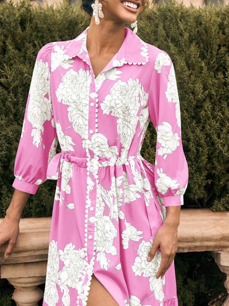 Wenrine Womens Maxi Shirt Dress Casual Floral Collared 3/4 Long Sleeve Drawstring Waist Fall Button Down Dresses Pink - Image 4