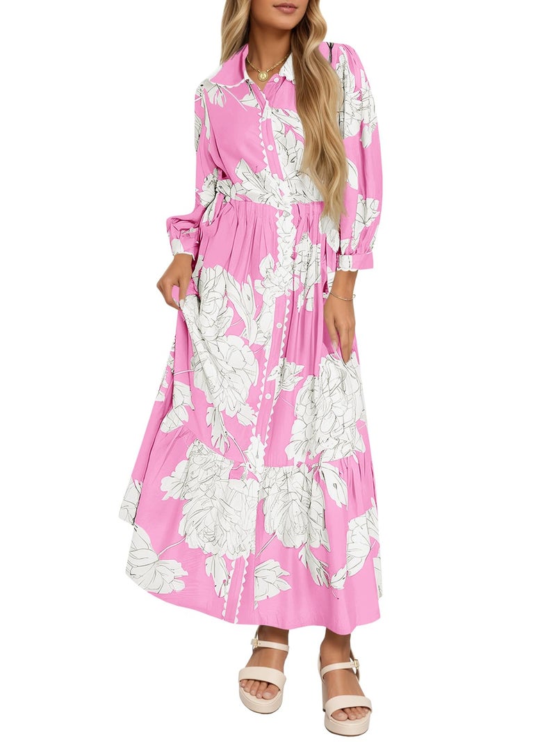 Wenrine Womens Maxi Shirt Dress Casual Floral Collared 3/4 Long Sleeve Drawstring Waist Fall Button Down Dresses Pink - Image 1