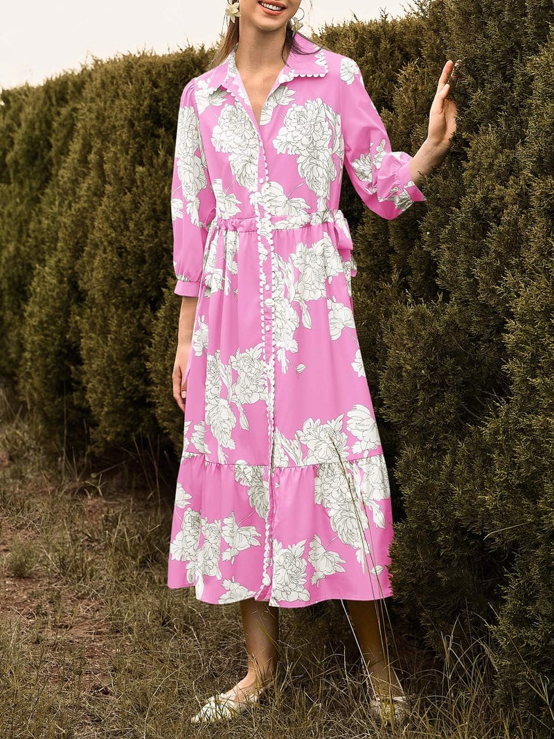 Wenrine Womens Maxi Shirt Dress Casual Floral Collared 3/4 Long Sleeve Drawstring Waist Fall Button Down Dresses Pink - Image 5