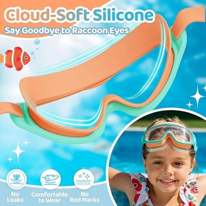 Pool Beach Kids Swim Goggles 2 Pack Stylish Wide-Angle Anti-Fog UV Protection Leak-Proof Soft Silicone Frame with Earplugs - Image 3