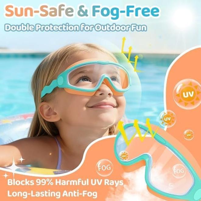 Pool Beach Kids Swim Goggles 2 Pack Stylish Wide-Angle Anti-Fog UV Protection Leak-Proof Soft Silicone Frame with Earplugs - Image 2