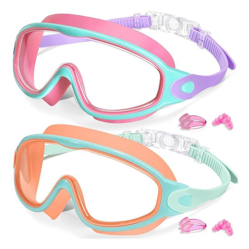 Pool Beach Kids Swim Goggles 2 Pack Stylish Wide-Angle Anti-Fog UV Protection Leak-Proof Soft Silicone Frame with Earplugs - Image 1