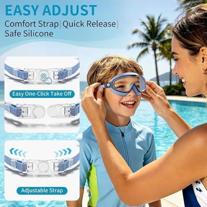 Pool Beach Kids Swim Goggles 2 Pack Stylish Wide-Angle Anti-Fog UV Protection Leak-Proof Soft Silicone Frame with Earplugs - Image 4