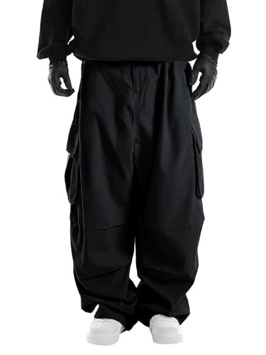 WZIKAI Men's Baggy Cargo Pants Elastic Waist Drawstring Parachute Cargo Pants Casual Loose Fit Joggers Hiking Hip Hop Pants with Pockets Black XXXL - Image 2