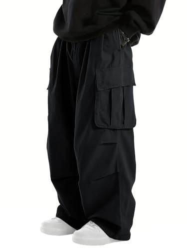WZIKAI Men's Baggy Cargo Pants Elastic Waist Drawstring Parachute Cargo Pants Casual Loose Fit Joggers Hiking Hip Hop Pants with Pockets Black XXXL - Image 1
