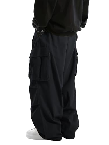 WZIKAI Men's Baggy Cargo Pants Elastic Waist Drawstring Parachute Cargo Pants Casual Loose Fit Joggers Hiking Hip Hop Pants with Pockets Black XXXL - Image 4