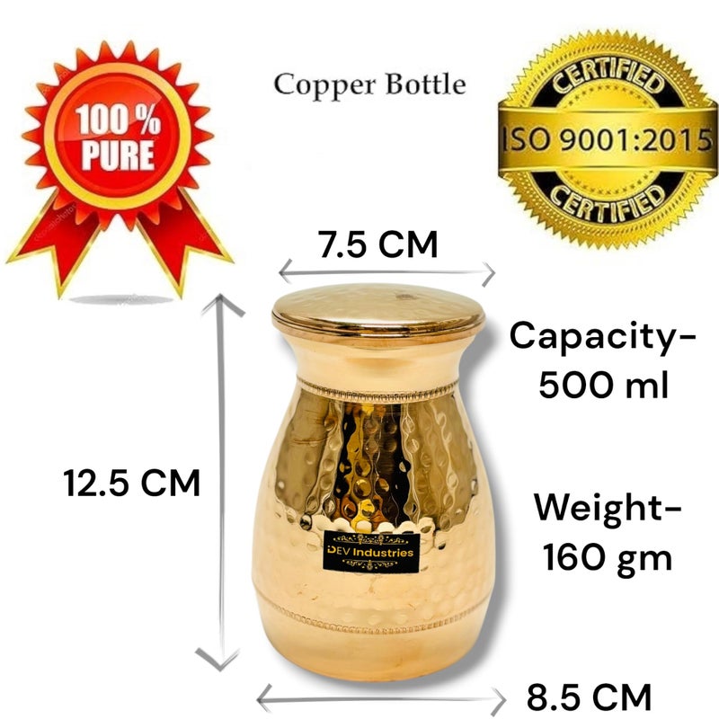 Dev Industries Copper Bedroom Jar Easy to Carry Carafe Bottle Hammered Finish for Home and Office Volume-500 ml (Vedic JAR) - Image 2