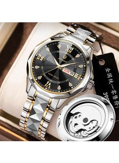 FOURRON Skeleton Automatic Look Mens Watch Black gold steel belt butterfly buckle