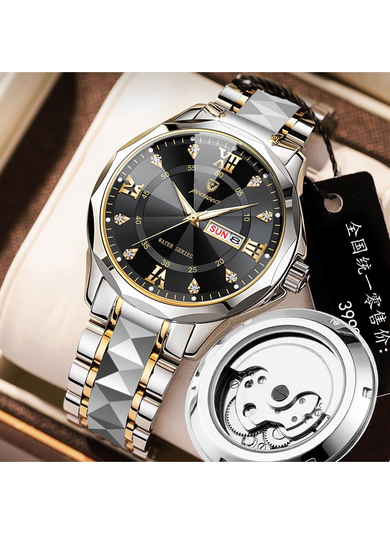 Generic - FOURRON Skeleton Automatic Look Mens Watch Black gold steel belt butterfly buckle - Image 1