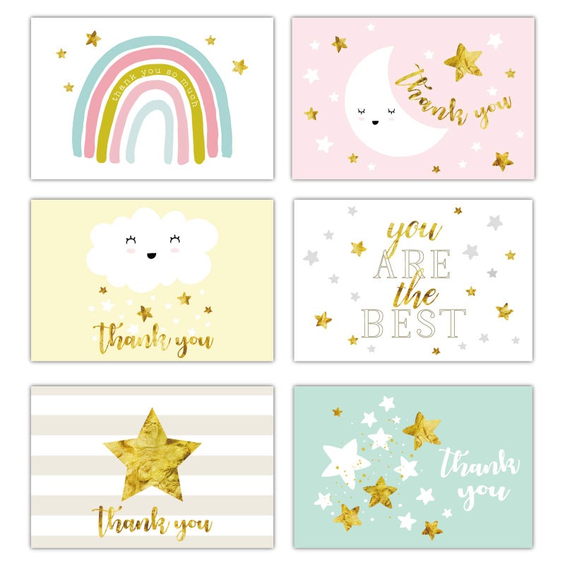 Gooji 4x6 Gold Foil Baby Starry Night Thank You Cards (Bulk 36-Pack) Matching Peel-and-Seal White Envelopes | Assorted Set, Watercolor Graphics | Baby Shower, Birthday Party, Blank Notes - Image 1