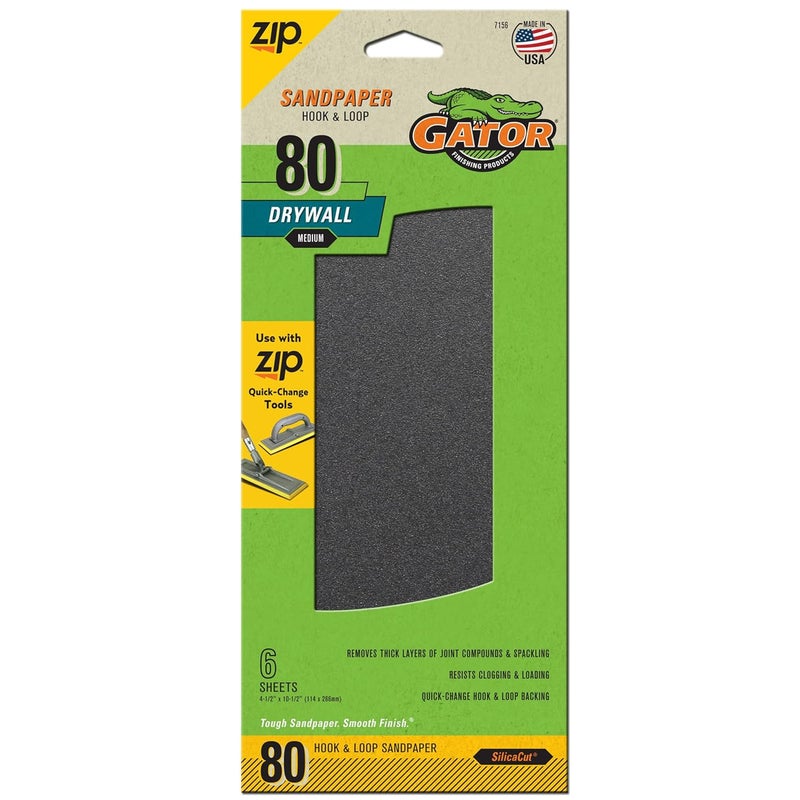Ali Industries Gator 7156 Hook and Loop Medium 80-Grit Drywall Sheet Sandpaper, 4.5 x 10.5 Inch, 6 Sheets - Image 1