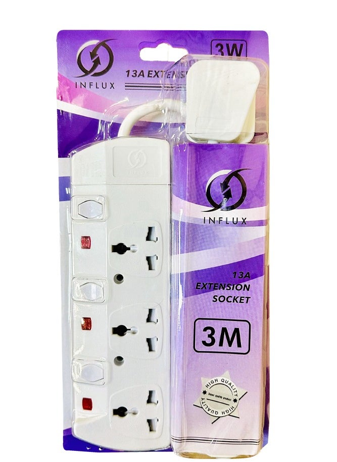 INFLUX INFLUX Extension Cord, 3-Outlet 3-Meter, Versatile Multi-Plug Power Extension Cable for Safe and Efficient Power Distribution – Ideal Extension Plug for Home, Office with individual safety buttons  - Image 1