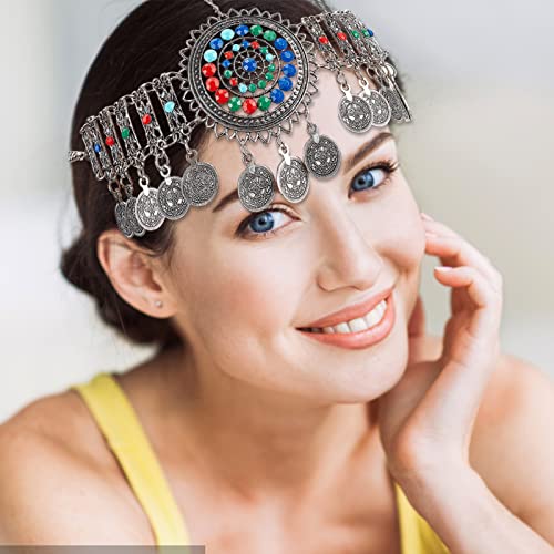 NICENEEDED Boho Head Chain Jewelry Silver, Vintage Belly Dance Coin Headpiece, Flower Rhinestone Retro Prom Costume Forehead Chain Hair Accessories for Women Halloween - Image 2