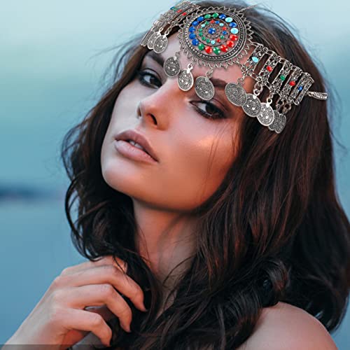 NICENEEDED Boho Head Chain Jewelry Silver, Vintage Belly Dance Coin Headpiece, Flower Rhinestone Retro Prom Costume Forehead Chain Hair Accessories for Women Halloween - Image 3