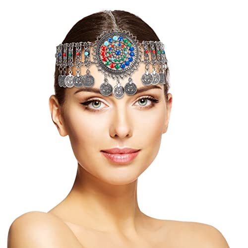NICENEEDED Boho Head Chain Jewelry Silver, Vintage Belly Dance Coin Headpiece, Flower Rhinestone Retro Prom Costume Forehead Chain Hair Accessories for Women Halloween - Image 1