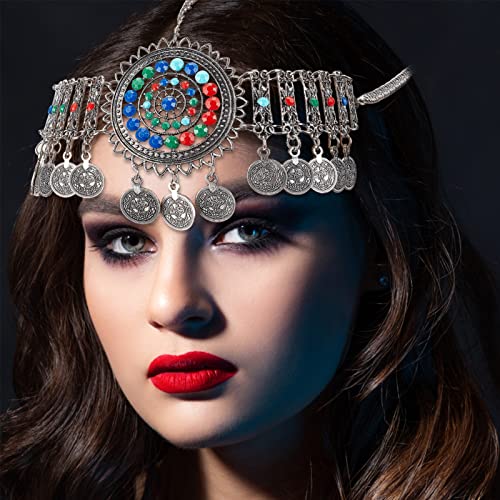 NICENEEDED Boho Head Chain Jewelry Silver, Vintage Belly Dance Coin Headpiece, Flower Rhinestone Retro Prom Costume Forehead Chain Hair Accessories for Women Halloween - Image 4
