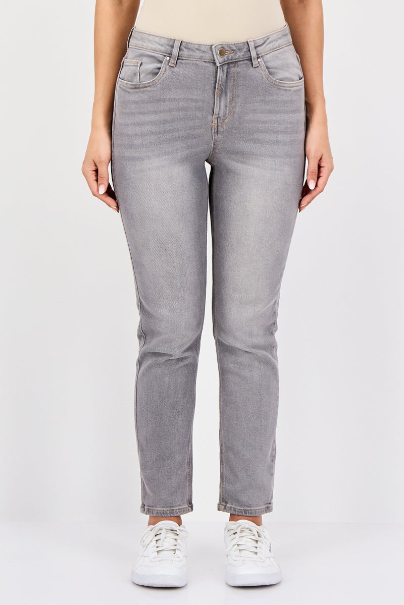 promod Women Mom Fit Washed Stretchable Jeans, Light Grey - Image 1