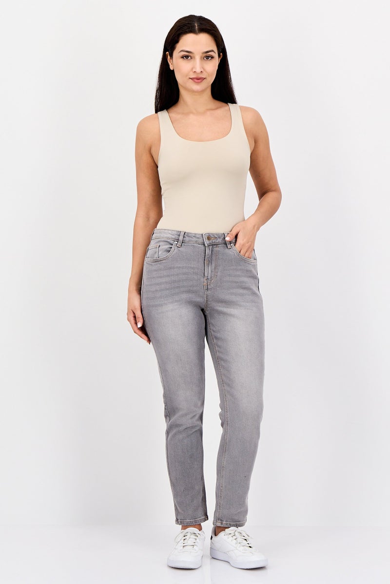 promod Women Mom Fit Washed Stretchable Jeans, Light Grey - Image 2