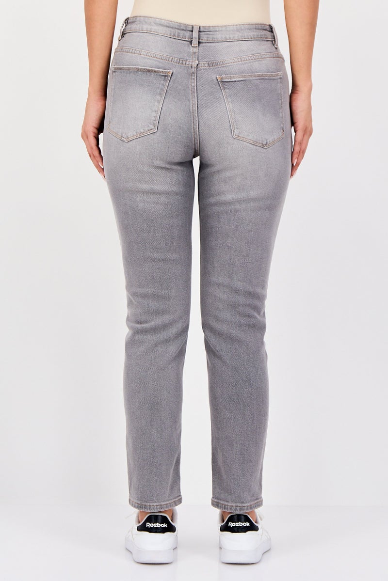 promod Women Mom Fit Washed Stretchable Jeans, Light Grey - Image 4