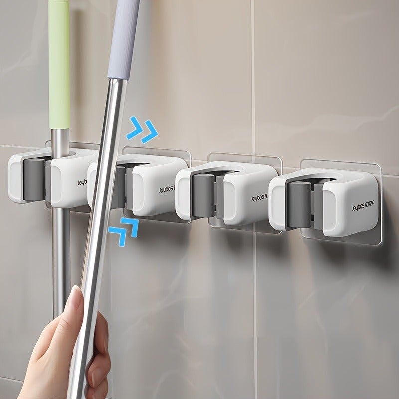 4pcs Wall-Mounted Mop & Broom Holder with Self-Adhesive/No-Drill Installation - Heavy-Duty Plastic Mop Organizer Clamp & Broom Clip Rack, Space-Saving Vertical Storage for home, Kitchen, Bathroom (No Screws/ DIY) - Modern Cleaning, Utility Hooks - Image 1