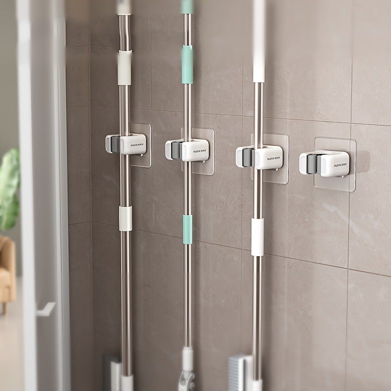 4pcs Wall-Mounted Mop & Broom Holder with Self-Adhesive/No-Drill Installation - Heavy-Duty Plastic Mop Organizer Clamp & Broom Clip Rack, Space-Saving Vertical Storage for home, Kitchen, Bathroom (No Screws/ DIY) - Modern Cleaning, Utility Hooks - Image 3
