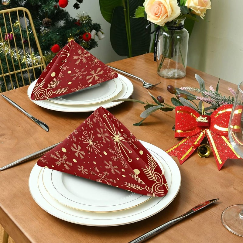 senya Christmas Cloth Napkins Set of 6 Christmas Snowflakes On Dark Red Square Premium Polyester Table Linen for Christmas Dinner Parties - Image 4