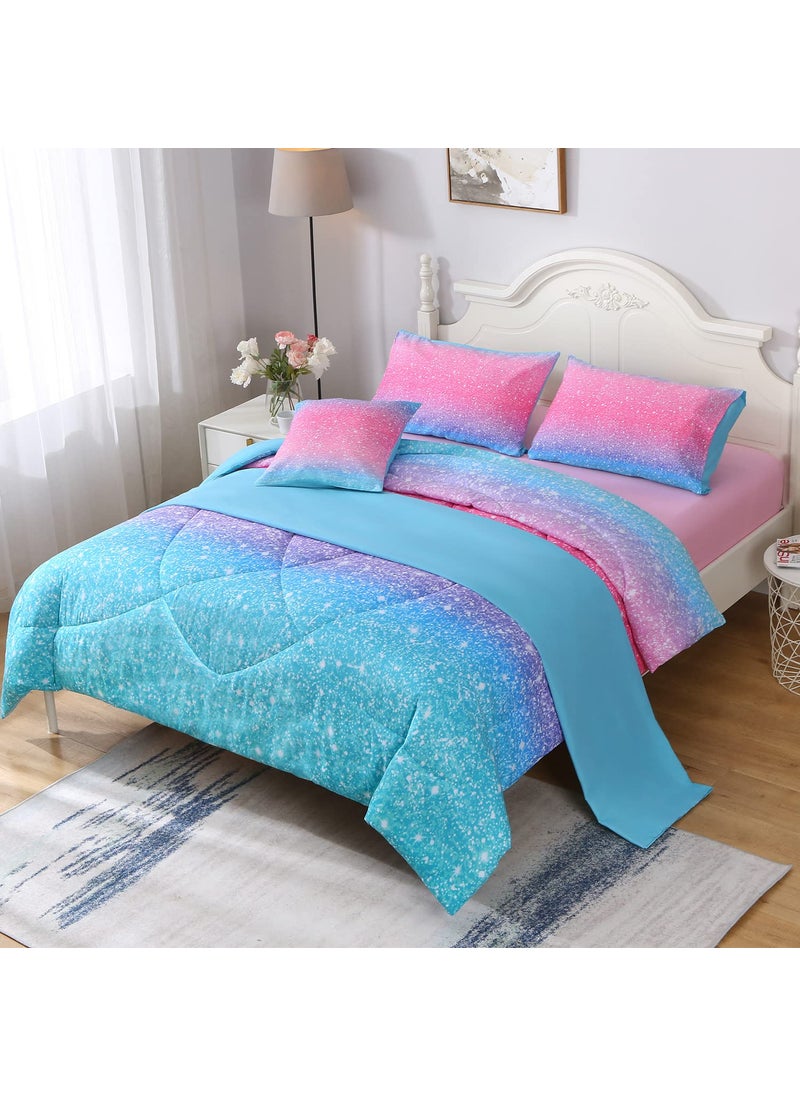 JQinHome JQinHome Glitter Comforter Set Twin Size 6 Piece Bed in A Bag 3D Colorful Duvet Pink Blue Bedding Sets for Girls Kids - (1 Comforter 2 Pillowcases  1 Flat Sheet  1 Fitted Sheet  1 Cushion Cover)  - Image 3