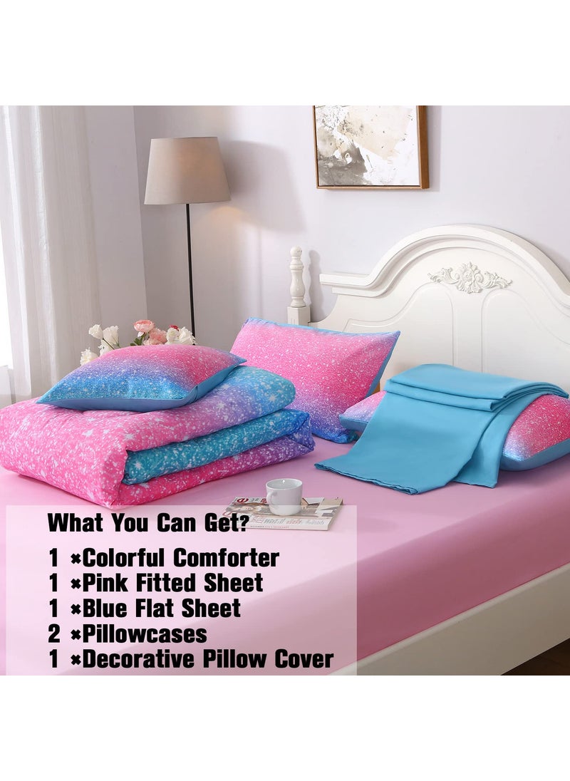 JQinHome JQinHome Glitter Comforter Set Twin Size 6 Piece Bed in A Bag 3D Colorful Duvet Pink Blue Bedding Sets for Girls Kids - (1 Comforter 2 Pillowcases  1 Flat Sheet  1 Fitted Sheet  1 Cushion Cover)  - Image 5