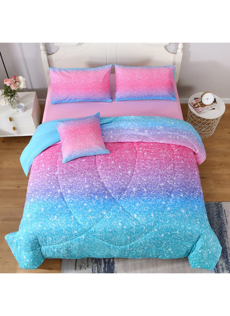 JQinHome JQinHome Glitter Comforter Set Twin Size 6 Piece Bed in A Bag 3D Colorful Duvet Pink Blue Bedding Sets for Girls Kids - (1 Comforter 2 Pillowcases  1 Flat Sheet  1 Fitted Sheet  1 Cushion Cover)  - Image 2
