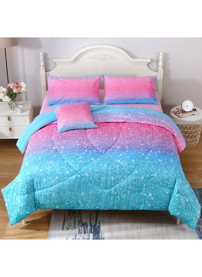 JQinHome JQinHome Glitter Comforter Set Twin Size 6 Piece Bed in A Bag 3D Colorful Duvet Pink Blue Bedding Sets for Girls Kids - (1 Comforter 2 Pillowcases  1 Flat Sheet  1 Fitted Sheet  1 Cushion Cover)  - Image 1
