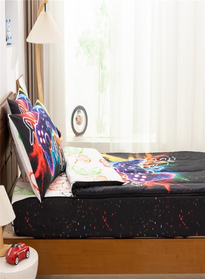 NTBED طقم مفروشات NTBED مطبوع عليه رسومات ألعاب، بسحاب، مقاس مفرد للأطفال الأولاد، خفيف الوزن، مصنوع من الألياف الدقيقة، بتصميم ربطة العنق المصبوغة، يتضمن لحافًا مع ملاءة مثبتة وأغطية وسائد، أسود. - Image 3