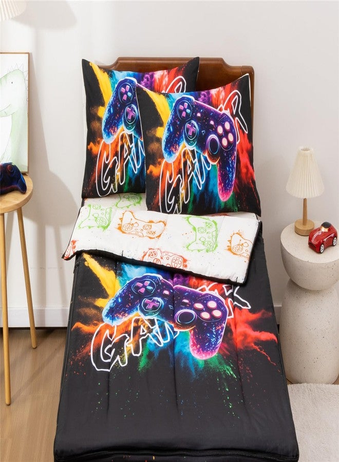 NTBED طقم مفروشات NTBED مطبوع عليه رسومات ألعاب، بسحاب، مقاس مفرد للأطفال الأولاد، خفيف الوزن، مصنوع من الألياف الدقيقة، بتصميم ربطة العنق المصبوغة، يتضمن لحافًا مع ملاءة مثبتة وأغطية وسائد، أسود. - Image 2