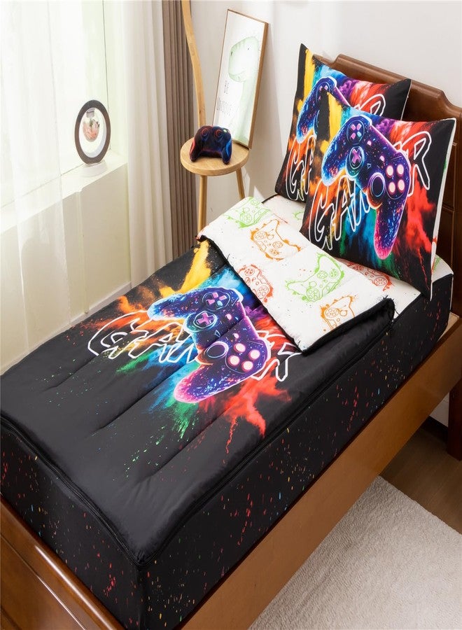 NTBED طقم مفروشات NTBED مطبوع عليه رسومات ألعاب، بسحاب، مقاس مفرد للأطفال الأولاد، خفيف الوزن، مصنوع من الألياف الدقيقة، بتصميم ربطة العنق المصبوغة، يتضمن لحافًا مع ملاءة مثبتة وأغطية وسائد، أسود. - Image 1