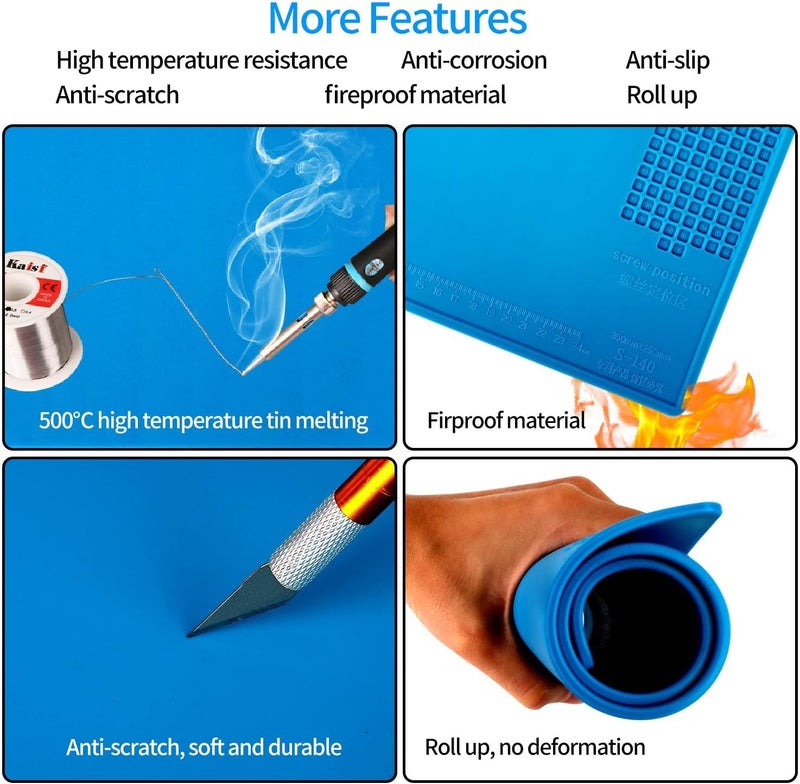 Excefore Magnetic Silicone Soldering Mat - Heat Resistant 932°F, 13.8 X 9.8 Inch Insulation Repair Work Mat For Electronics, Phone, Soldering Iron, Bga - Ideal For Workbench - Blue - Image 4