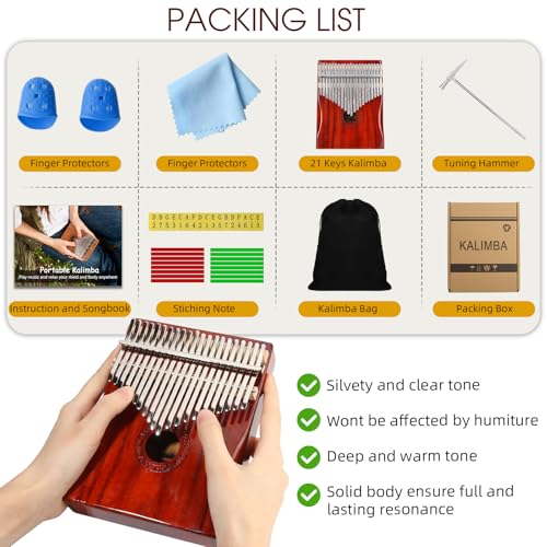 YUNDIE Kalimba Thumb Piano,YUNDIE Portable 21 Keys Mbira Finger Piano with Tune Hammer and Instruction, Musical Instruments Gift for Adult Beginners Professional(Brownish Red) (21 Keys) - Image 4