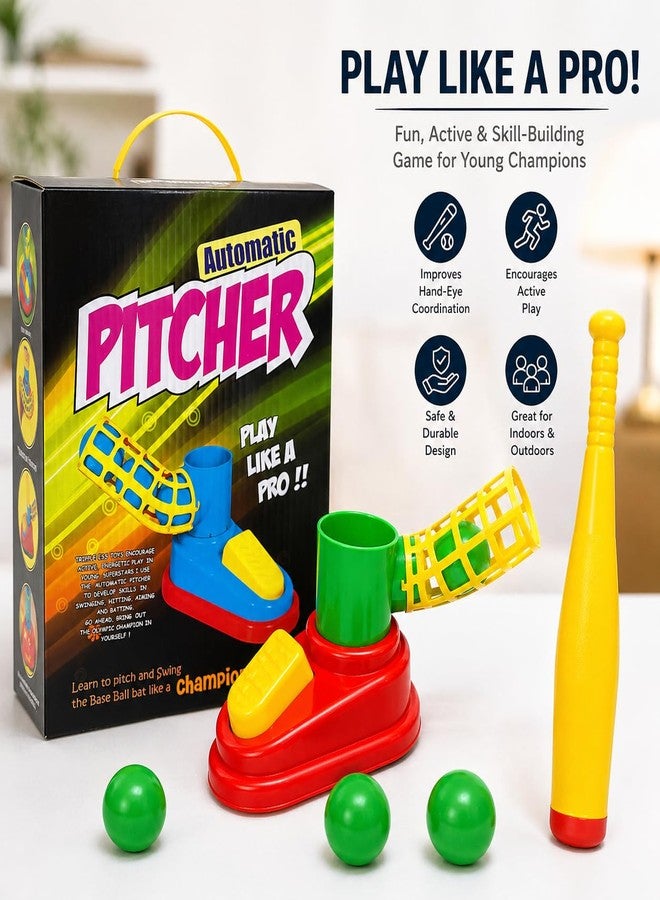 Goyal's Goyals Automatic Plastic Pitcher Power Shot Base Ball Game Unbreakable Includes 1 Bat 3 Balls for Age 3 Years & Above | Foot Pedal Launcher Training Toy - Red & Yellow - Image 3