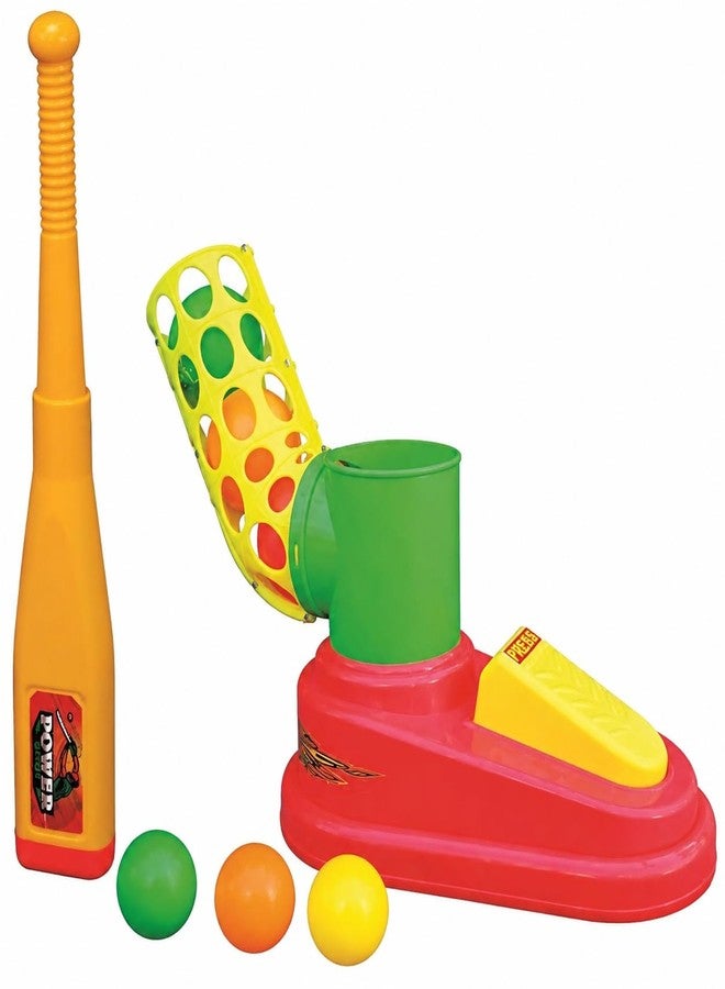 Goyal's Goyals Automatic Plastic Pitcher Power Shot Base Ball Game Unbreakable Includes 1 Bat 3 Balls for Age 3 Years & Above | Foot Pedal Launcher Training Toy - Red & Yellow - Image 1