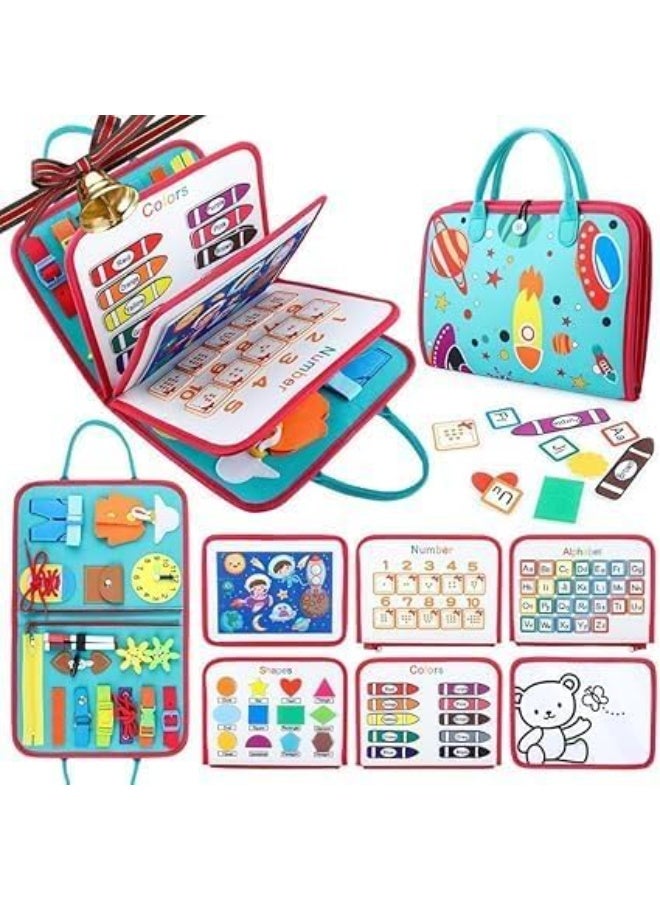 Montessori 6-in-1 Busy Board for Toddlers, Sensory Activity Book with Life Skills Training, Colors, Shapes, Switches & Buttons, Quiet Learning Toy for Kids Ages 1-4 (Blue) - Image 4