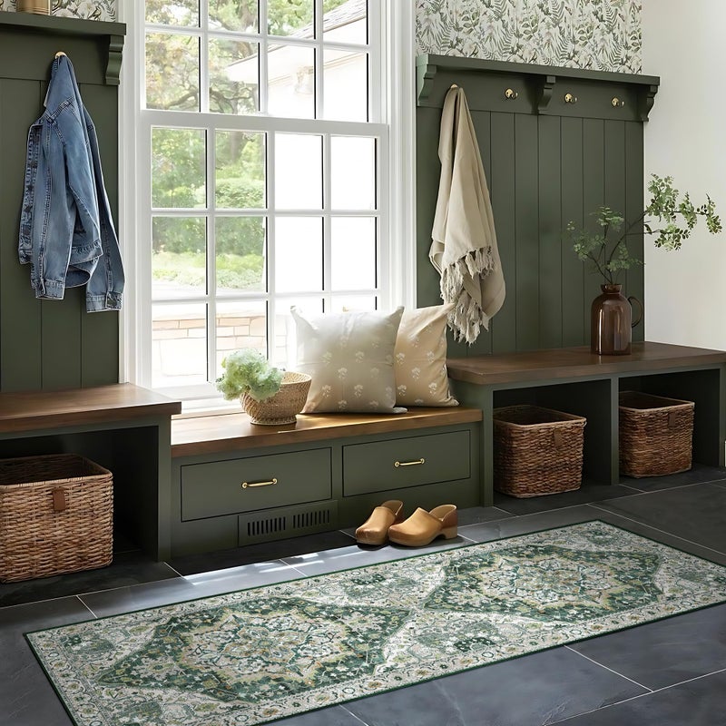 Deerly Green Vintage Runner Rug 2x6 Hallway Runners Boho NonSlip Entryway Throw Rug Faux Wool NonSlip Washable LowPile Floor Carpet for Indoor Front Entrance Kitchen Bathroom GreenMulti