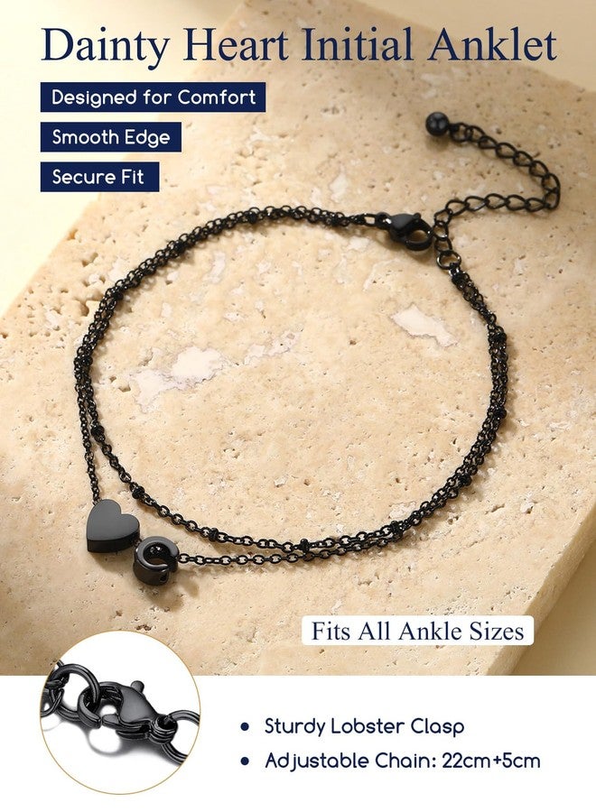 Suplight Stainless Steel Anklets Bracelets for Women Layered Dainty Foot Chain Initial Heart Anklet with Beaded Anklets for Women Beach Waterproof Letter R Black Ankle Bracelets (with Gift Box) - Image 5