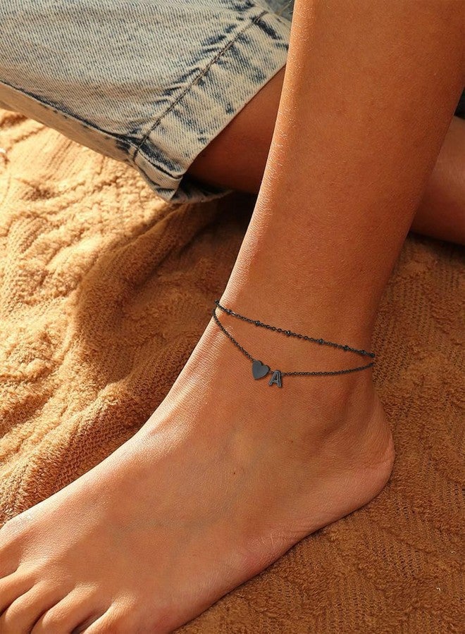 Suplight Stainless Steel Anklets Bracelets for Women Layered Dainty Foot Chain Initial Heart Anklet with Beaded Anklets for Women Beach Waterproof Letter R Black Ankle Bracelets (with Gift Box) - Image 3