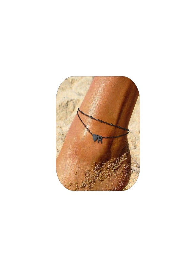 Suplight Stainless Steel Anklets Bracelets for Women Layered Dainty Foot Chain Initial Heart Anklet with Beaded Anklets for Women Beach Waterproof Letter R Black Ankle Bracelets (with Gift Box) - Image 1